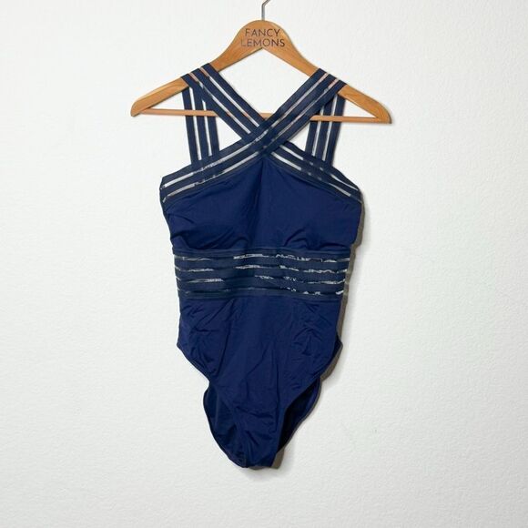 Kenneth Cole Women's Navy Striped Crossback One-Piece Swimsuit - Size M - Picture 1 of 8